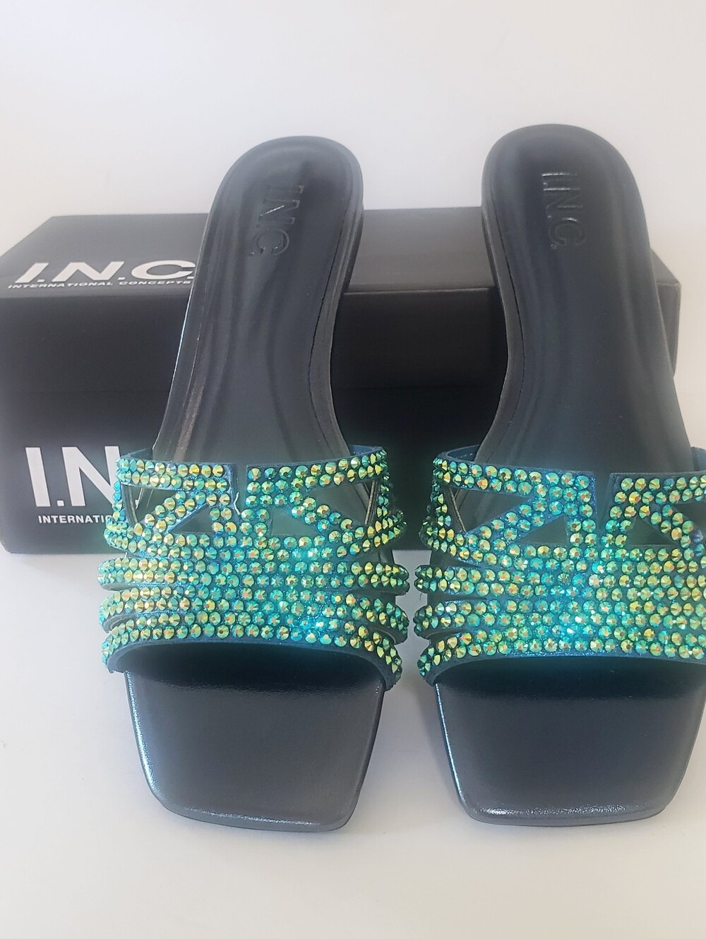 INC International Concepts "Tiana" Blue Bling Flat Slide Sandals, Size 7.5M NWT